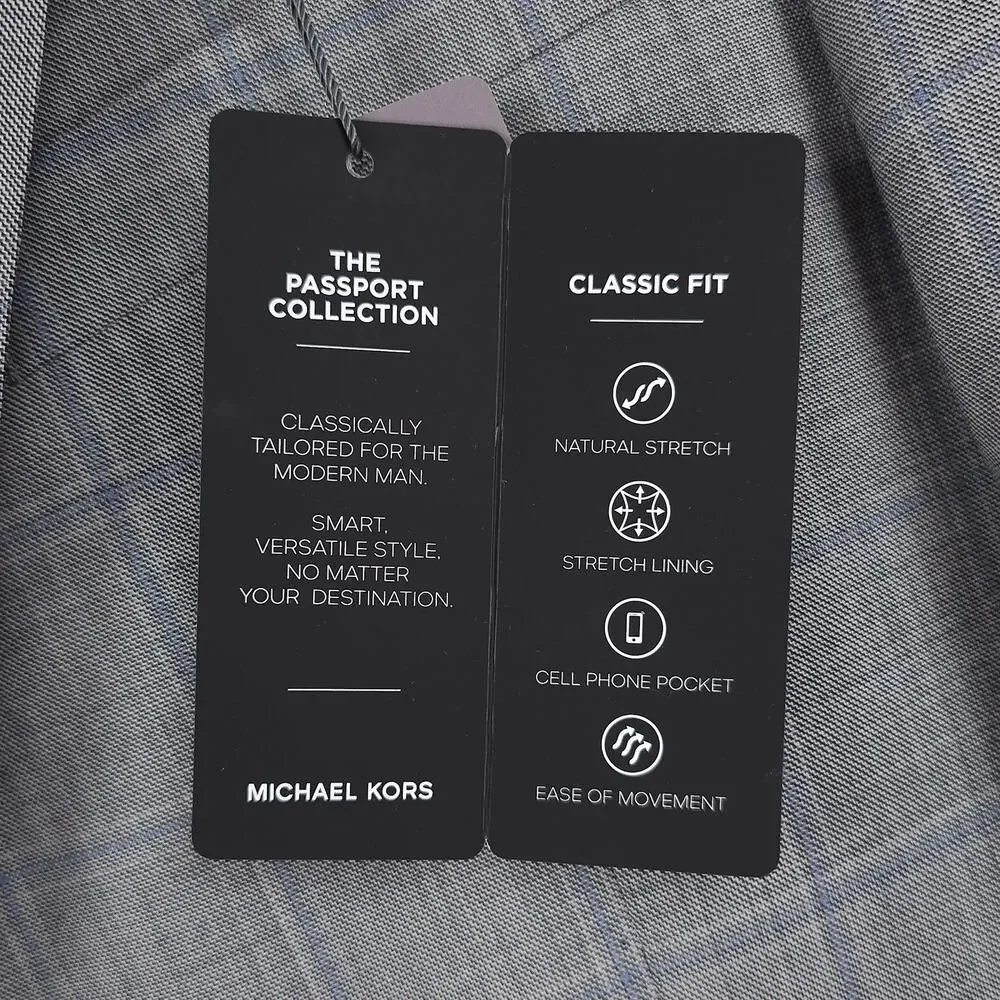 Michael Kors Mens Classic Fit Suit Jacket 38R Grey Blue Windowpane Stretch Wool